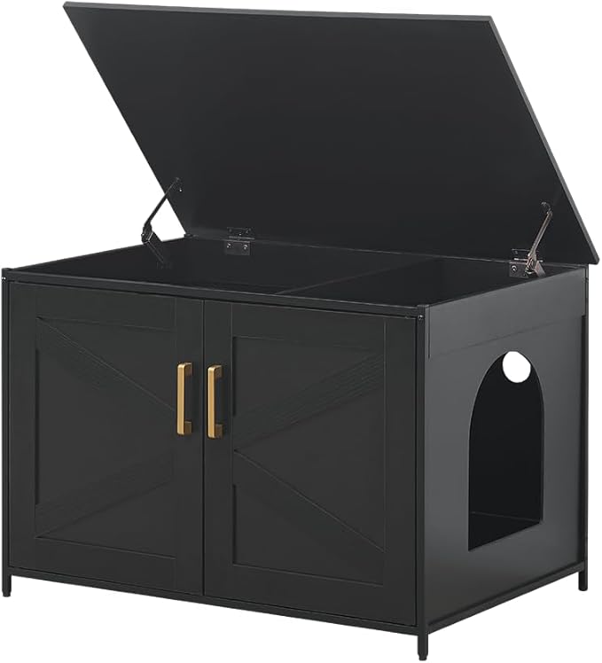 unipaws Black Top Opening Cat Litter Box Enclosure, Flip Top XL Extra Large Cat Box Furniture, Friendly to Elderly People, High Jumbo Automatic Litter Box Cover Hidden for Large Cat-Mewly Pet