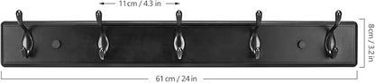Wooden Coat Rack, Wall-Mounted Organizer for Closet, Entryway, Hallway, Foyer, Bedroom, Heavy Duty Double Hooks for Hanging Towels, Bags, Hats, Jackets, Key (Black, 5 Hooks)