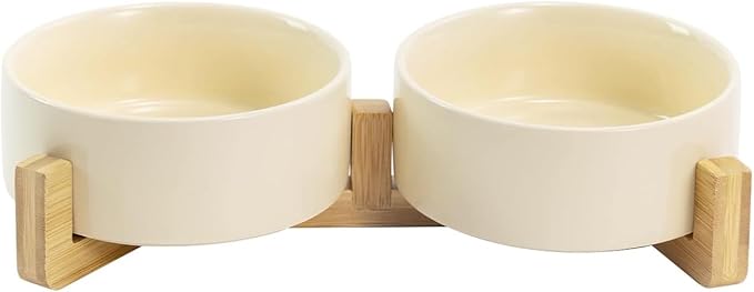 SPUNKYJUNKY Ceramic Dog and Cat Bowl Set with Wooden Stand, Modern Cute Weighted Food Water Set for Small Size Dogs (13.5OZ) & Medium Sized Dogs (28.7OZ) & Cats (1.7 Cups, 2 × Beige)-Mewly Pet