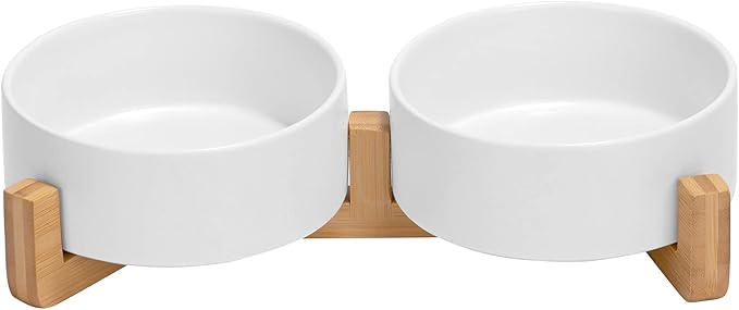 SPUNKYJUNKY Ceramic Dog and Cat Bowl with Wood Stand Non-Slip Matte Glaze Weighted Food Water Set for Cats &Small Dogs 13.5 OZ-Mewly Pet