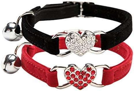 CHUKCHI Pink Soft Velvet Safe Cat Adjustable Collar with Crystal Heart Charm and Bells 8-11 Inches(Black+Red)-Mewly Pet