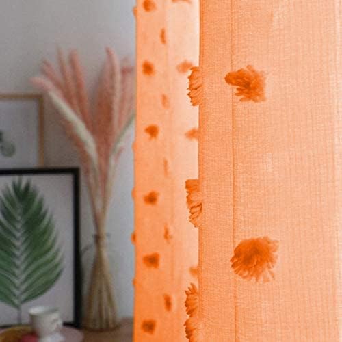 MYSKY HOME Pom Pom Orange Sheer Curtains for Bedroom Girls Room Curtains for Nursery Kids Light Filtering Boho Window Drapes, Rod Pocket, 52 x 95 Inches, 2 Panels