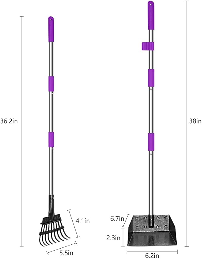 QiMH Upgraded Dog Pooper Scooper Extra Large, Adjustable Long Handle Stainless Metal Pet Poop Tray and Rake Set for Large Medium Small Dogs, Dog Waste Removal Bin Rake, Great for Grass, Street, Gravel-Mewly Pet