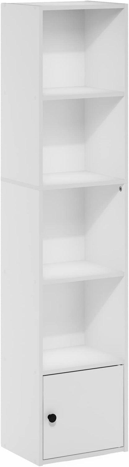 Furinno LUDER Book Shelf, 5-Tier Modern Bookshelf, Bookcase with 1 Door Storage Cabinet, 9.3" x 12" x 52", for Living Room, Bedroom, Home Office, White