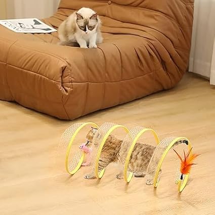2Pcs Folded Cat Tunnel Toy for Indoor Cats,Collapsible Pet Spring Cat Toys with Feather Mouse Upgrade Interactive Toy Playing Tent for Puppy Kitten Accessories Home Self-Happy Cat Toys (Yellow)-Mewly Pet