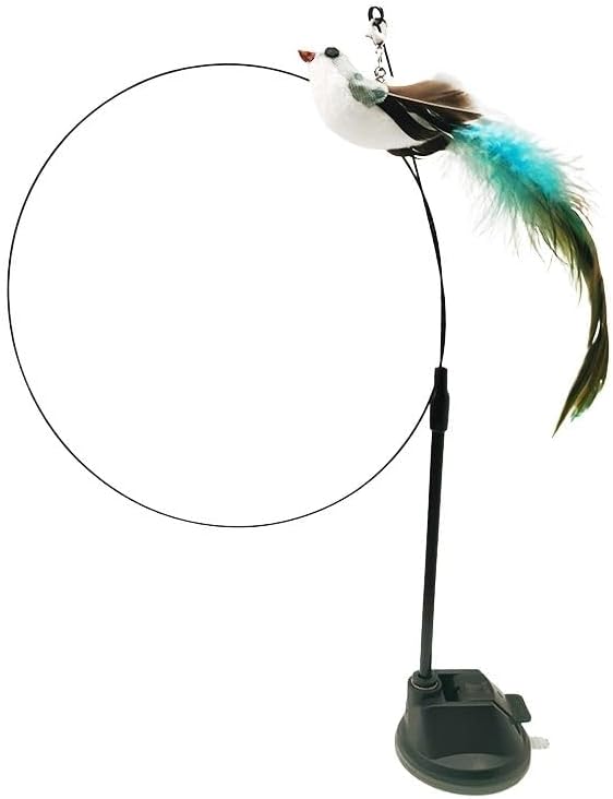 Interactive Cat Feather Toy with Super Suction Cup & Bonus Double-Sided Nano Adhesive – 3 Replaceable Feathers, Bell & Spring Wand – Fun Exercise for Indoor Cats & Kittens (Fly Bird Blue)-Mewly Pet