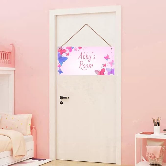 Customized Butterfly Signs for Girls Room Bedroom Door Pink Hanging Sign for Little Man Cave Custom Baby Name Door Hanger Baby Nursery Room Fantasy Kids Room Décor