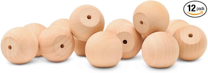 Wood Knobs, 1.5 Inch Round Natural Wood Drawer Pulls, Pack of 12 Unfinished Wooden Drawer Knobs, Ball Shaped Wood Cabinet Knobs, Nursery Dresser Knobs, Wood Door Knobs and Crafts