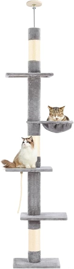 Cat Tree 5-Tier Floor to Ceiling, 89-109 Inch Adjustable Height Cat Tower with Cozy Hammock, Cat Climbing Tree for Indoor Cats, Gery-Mewly Pet