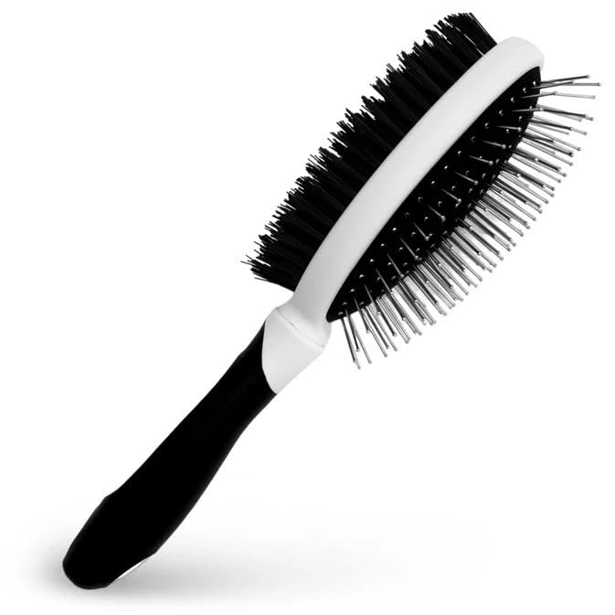Fuller Brush 2-in-1 Double-Sided Pet Brush - Electroplated Round-Ended Steel Pins Positioned Into a Flexible Cushion on One Side & Nylon Bristles - Remove Shedding - Tool For Grooming Dogs & Cats-Mewly Pet
