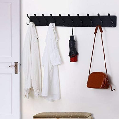 Dseap Coat Rack Wall - Heavy-Duty 38-1/4" Long, with Reinforced 10 Custom Tri-Hooks, Solid Wood Wall Hanger for Coats Hat Jackets - Rustic Farmhouse Entryway Storage, Black, Pack of 2