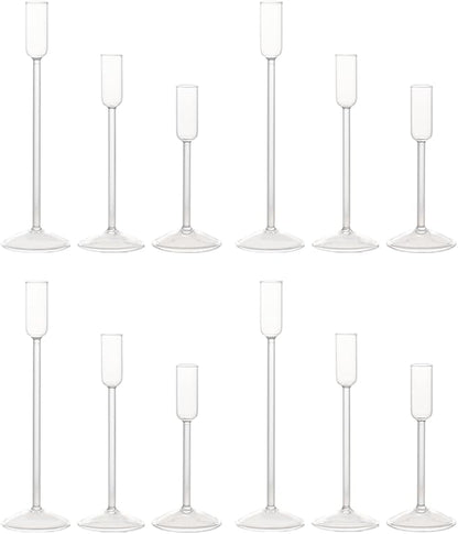 Candle Holder, Glass Taper Candle Tall Candlestick Holder, 3 Different Heights, for Table Centerpiece, Wedding, Party, Clear, 12pcs
