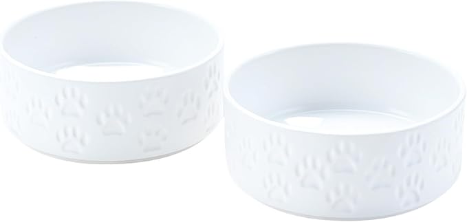 SPUNKYJUNKY Ceramic Dog Bowls 2 Pack, 7.3'' Dog Food Water Double Feeding Bowls Non-Slip for Medium to Large Sized Breed Microwave Dishwasher Safe - 42 OZ, 2pcs, Paw White-Mewly Pet