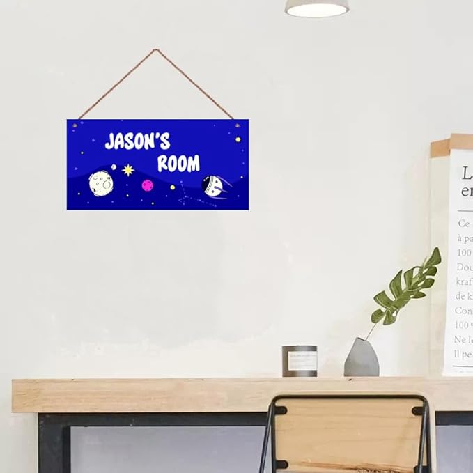 Personalized Sign Space Themed Bedroom Decor Fantasy Spacecraft Sign Outer Space Decor for Boys Room Kids Room Nursery Cartoon Wall Decorations Stuff For Little Man Cave