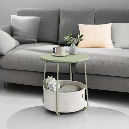 VASAGLE LILEA Collection - Small Round Side End Table, Modern Nightstand with Fabric Basket, Laurel Green and Cream White ULET223C69
