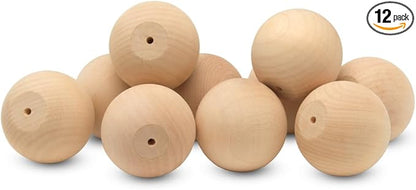 Wood Knobs, 2.5 Inch Round Natural Wood Drawer Pulls, Pack of 12 Unfinished Wooden Drawer Knobs, Ball Shaped Wood Cabinet Knobs, Nursery Dresser Knobs, Wood Door Knobs and Crafts