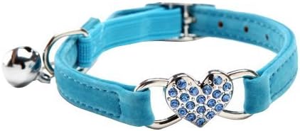 CHUKCHI Pink Soft Velvet Safe Cat Adjustable Collar with Crystal Heart Charm and Bells 8-11 Inches (Blue)-Mewly Pet