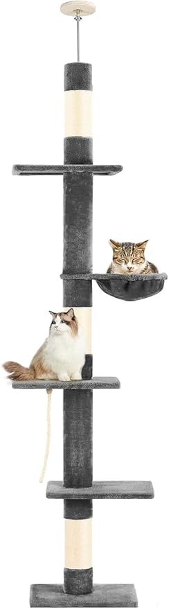 Cat Tree 5-Tier Floor to Ceiling, 89-109 Inch Adjustable Height Cat Tower with Cozy Hammock, Cat Climbing Tree for Indoor Cats, Darkgrey-Mewly Pet