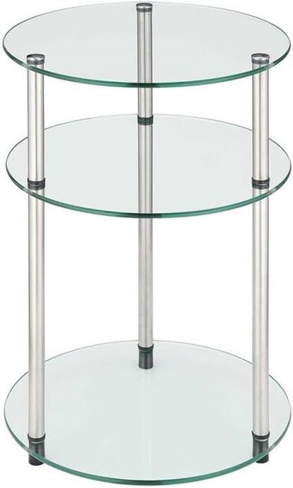 Convenience Concepts Designs2Go Classic Glass 3-Tier Round End Modern Contemporary Side Table with Storage Shelves for Living Room, Bathroom, Bedroom, 15.75"
