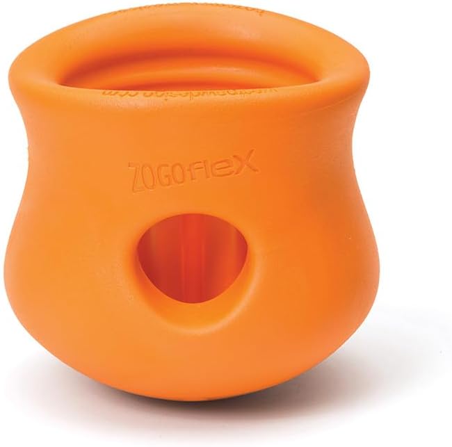 West Paw Zogoflex Toppl Treat Dispensing Dog Toy Puzzle – Interactive Chew Toys for Dogs – Dog Toy for Moderate Chewers, Fetch, Catch – Holds Kibble, Treats, Small 3", Tangerine-Mewly Pet