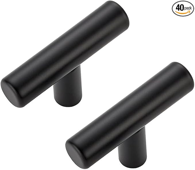 40 Pack Matte Black Cabinet Knobs - Kitchen Cabinet Knobs Black Pulls for Kitchen Drawer Stainless Steel Dresser Hardware 2in Length Single Hole T Bar