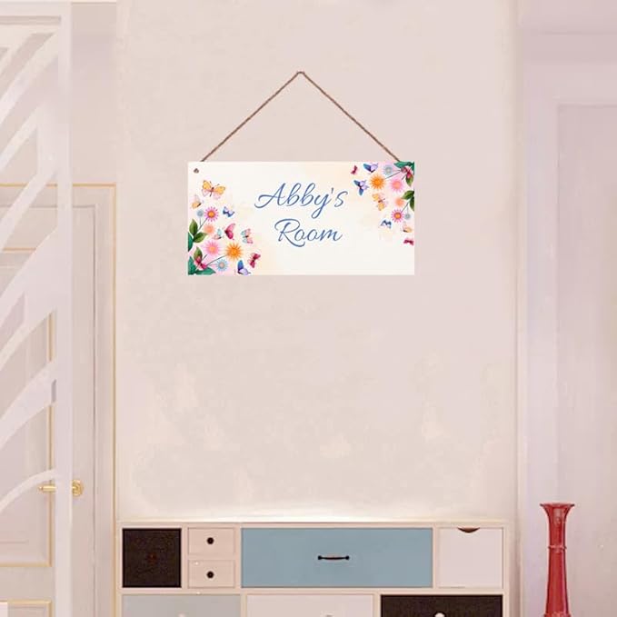 Personalized Sign For Kids Room Door Sign, Romantic Butterfly Flowers Wall Art Sign for Little Man Cave, Custom Name Wooden Signs for Girls Bedroom Nursery Name Hanging Décor