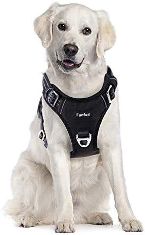 Funfox Dog Harness No Pull, Adjustable Dog Vest Harness Super Soft, 2 Leash Clips Anti Pull, Vertical Handle Easy to Control, Reflective Night Walking for Large Breed, Black, L-Mewly Pet
