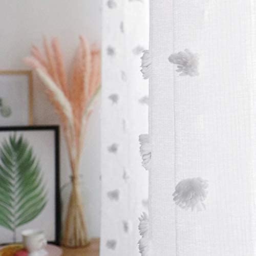 MYSKY HOME Pom Pom White Sheer Curtains for Bedroom Girls Room Curtains 108 Inches Long for Nursery Kids Light Filtering Boho Window Drapes, Rod Pocket, 38" Wide, 2 Panels