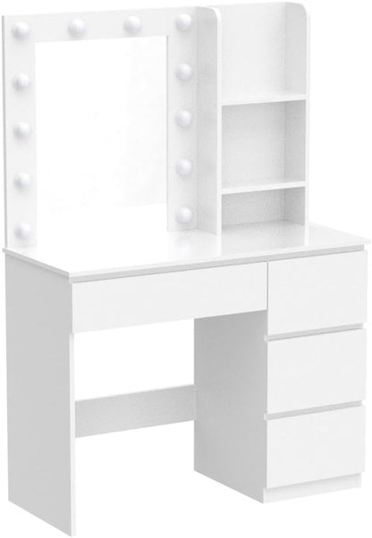 Vabches Makeup Vanity with Lights, 37inch Vanity Desk, 4 Large Drawers Dresser with Lighted Mirror, 3 Lighting Modes Brightness Adjustable, White