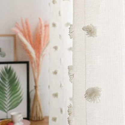 MYSKY HOME Pom Pom Beige Sheer Curtains for Bedroom Girls Room Curtains 72 Inches Long for Nursery Kids Light Filtering Boho Window Drapes, Rod Pocket, 52" Wide, 2 Panels