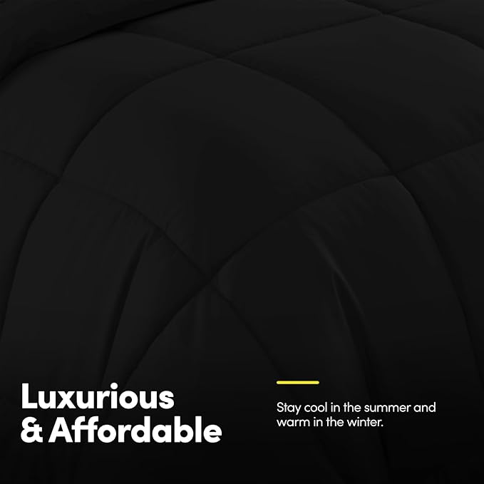 Sweet Home Collection 7 Piece Comforter Set Bag Solid Color All Season Soft Down Alternative Blanket & Luxurious Microfiber Bed Sheets, Black, Queen