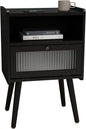 Mid Century Modern Nightstand, Side Table with Storage, Bedside Tables with Glass Door, End Table with Solid Wood Legs for Bedroom, Living Room and Small Spaces, Black