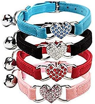 CHUKCHI Pink Soft Velvet Safe Cat Adjustable Collar with Crystal Heart Charm and Bells 8-11 Inches(Black+Red+Pink+Blue)-Mewly Pet
