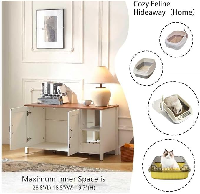 41.3'' Cat Litter Enclosure,Adjustable Shelf for Dog Proof and Storage,Locks Added for Cat, Litter Collector,Small Indoor Cat House,Antique White-Mewly Pet