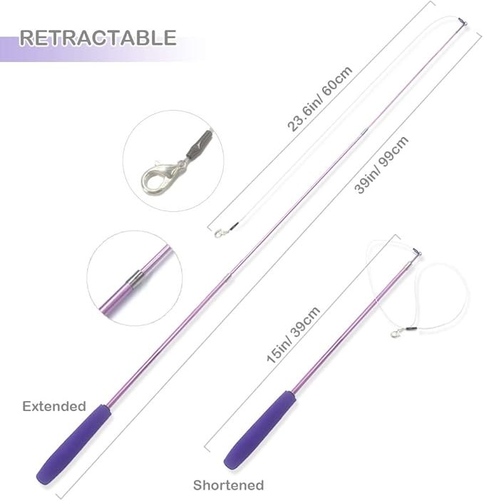 Cat Toy Wand, Interactive Feather Teaser Cat Toys Set, Retractable Cat Fishing Rod with 5pcs Refills (Purple)-Mewly Pet