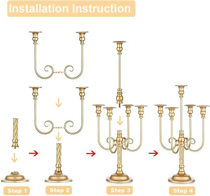 Metal Candelabra Gold Candle Stand 20in Tall, 5-Candle Candlestick Holder for Taper Candles, Candle Holder for Wedding Centerpiece Christmas Valentine Holiday Party Event Reception Decor, 2Pcs