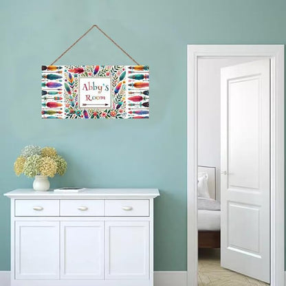 Personalized Name Sign Colorful Feather Decor For Girls Room and Baby Nursery Kids Bedroom Flowers Wood Plaque Hanging Wall Art Decor