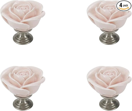4pcs Light Pink Rose Flower Ceramic Knobs for Cabinet Drawer Door Pull Handles Dresser