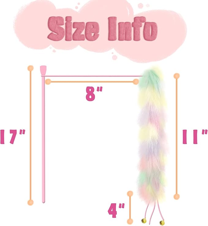 2 Pack Cat Wand Toy, Rainbow Cat Feather Toys with Bells, Teaser Wand with Soft Furry Tail, Interactive Toys for Indoor Cats & Kitten & Kitty-Mewly Pet