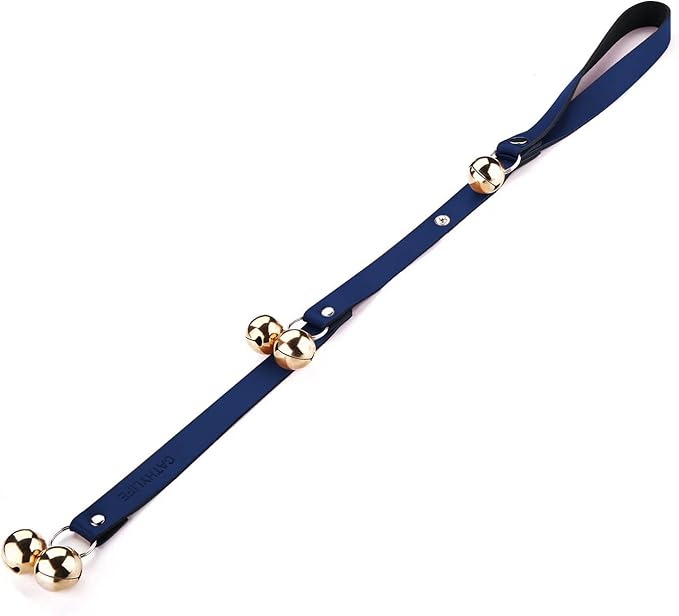 Leather Dog Doorbells for Door Knob/Potty Training/Go Outside, Length Adjustment Copper Dog Bell, Housetraining Hanging Bell, Blue Leather Golden Bells.-Mewly Pet