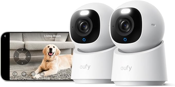 eufy Indoor Cam E30 2-Cam Kit, Latest Generation, 4K UHD Security Camera, Pet/Dog/Baby Camera with Phone app, Color Night Vision, Human/Pet Auto Tracking, 360 Pan-Tilt, Works with Homekit-Mewly Pet