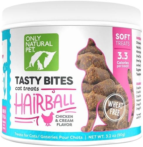 Only Natural Pet Hairball Care - Healthy Skin and Coat Support - Soft Chews for Cats – Digestive Supplement with Flaxseed, Psyllium Husk and Corn Silk – Chicken and Liver Flavor – 60 Count-Mewly Pet