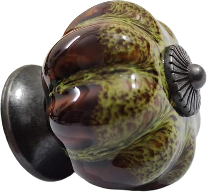 5 Pack Vintage Ceramic Pumpkin Cabinet Knobs, Kitchen Cabinet Drawers Dresser Cupboard Pull Handles Door Pulls with 5 Kinds of Screws (Leopard Print -Green)