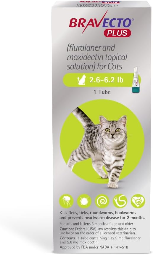 BRAVECTO Plus Topical Solution for Cats, Flea, Tick & Heartworm, 2 Months Supply, 2.6-6.2 lbs., Green Box-Mewly Pet