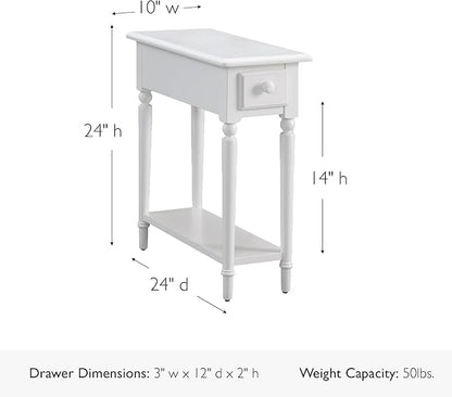 Leick Home Coastal End Table, Solid Wood, 1 Drawer, Bottom Display Shelf, Easy-Assembly, For Living Room/Bedroom, White, 23.5 in. L x 10.0 in. W x 24.0 in. H, 20017-WT