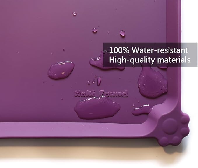 Hoki Found Waterproof Pet Feeding Mats with High Lips, Multiple Size and Colors for Dogs, Cats & Others -Eggplant-Mewly Pet