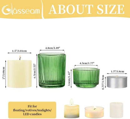 Glass Votive Tealight Candle Holder: Glasseam Small Green Tea Light Holders Set of 8 Decorative Ribbed Tea Lights Holder for Table Centerpiece Wedding Christmas Dining Room Decor