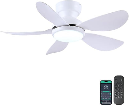 36 Inch Modern Ceiling Fans with Lights, Small Flush Mount Ceiling Fan with Light and Remote/APP Control, 5 Reversible 6 Speeds Curved Blades, 3 CCT Dimmable Lights for Bedroom, White