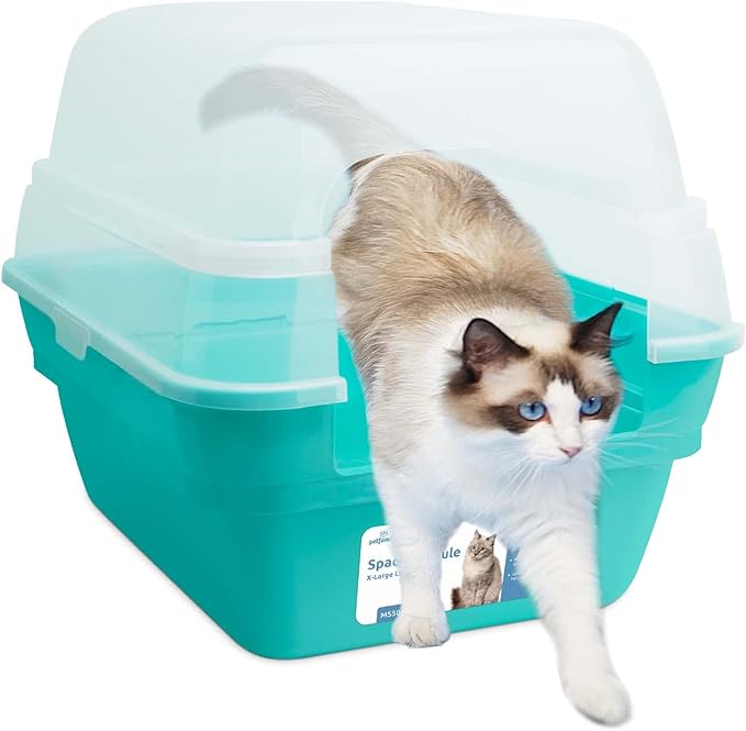 Petfamily Cat Litter Box, Large Foldable Jumbo Hooded Cat Litter Box with Transparent Lid (Teal)-Mewly Pet