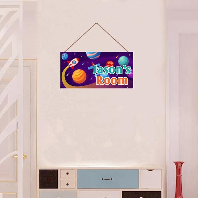 Personalized Rocket Sign Outer Space Themed For Kids Room Nursery Baby Playroom Door Decor,Custom Name Stars Satellite Wall Decor Decorative Plate for Boys Room Girls Bedroon